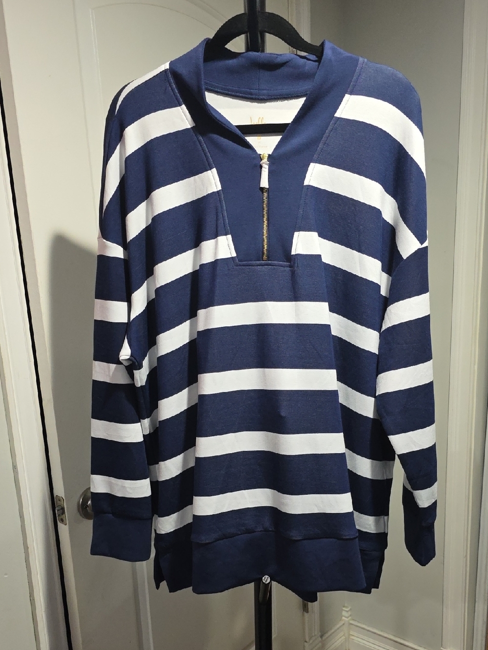 Belle by Kim Gravel Navy and White Striped Half‑Zip Pullover